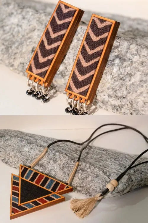 WHE Black Ajrakh Repurposed Fabric And Wood Triangular Necklace & Rectangular Earrings