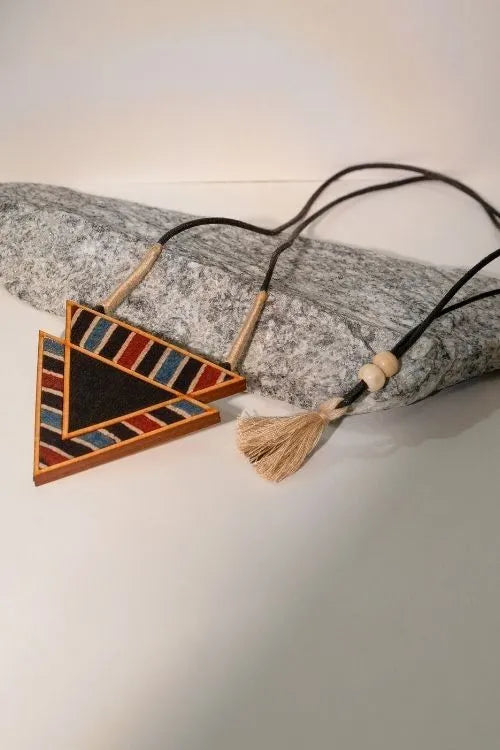 WHE Black Ajrakh Repurposed Fabric And Wood Triangular Necklace & Rectangular Earrings