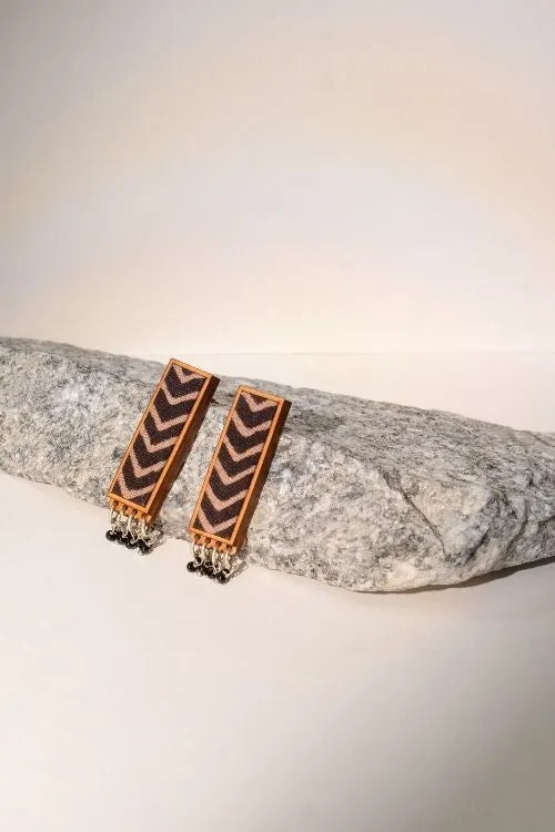 WHE Black Ajrakh Repurposed Fabric And Wood Triangular Necklace & Rectangular Earrings