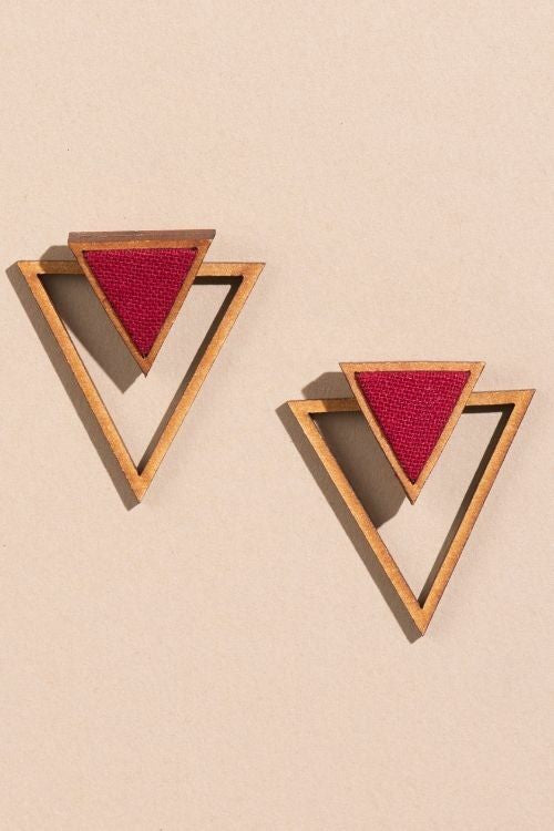 Whe Maroon Two Look In One Upcycled Fabric And Repurposed Wood Triangle Earring