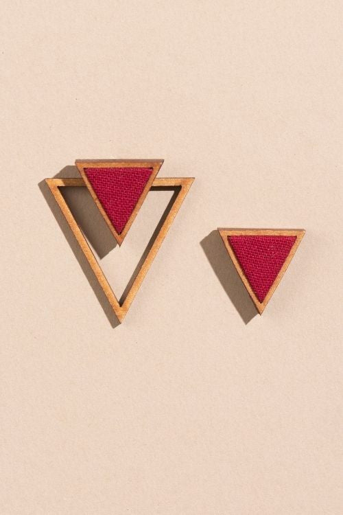 Whe Maroon Two Look In One Upcycled Fabric And Repurposed Wood Triangle Earring