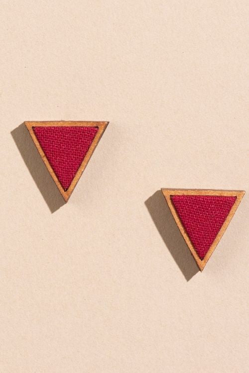 Whe Maroon Two Look In One Upcycled Fabric And Repurposed Wood Triangle Earring