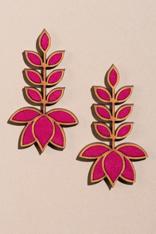 Whe Pink Lotus Upcycled Fabric And Repurposed Wood Statement Earrings