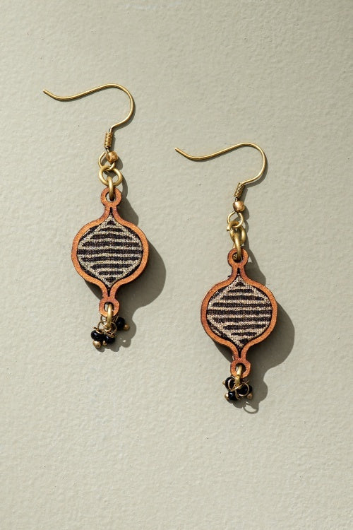 Whe Black Festive Upcycled Fabric & Repurposed Wood Earrings