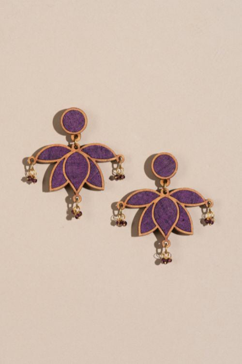 Whe Purple Lotus Upcycled Fabric And Repurposed Wood Statement Earrings
