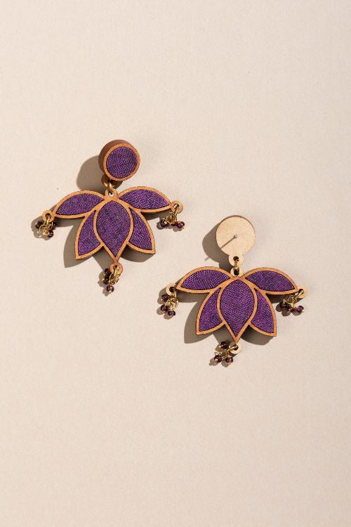 Whe Purple Lotus Upcycled Fabric And Repurposed Wood Statement Earrings