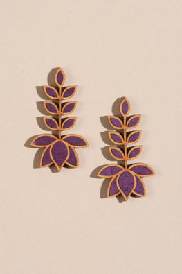 Whe Purple Leaf Motif Upcycled Fabric And Repurposed Wood Earrings