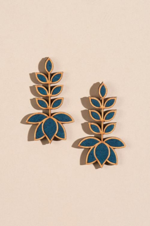 Whe Teal Leaf Motif Upcycled Fabric And Repurposed Wood Earrings