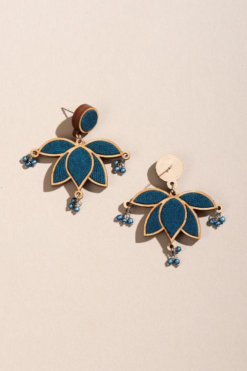 Whe Teal Lotus Upcycled Fabric And Repurposed Wood Statement Earrings