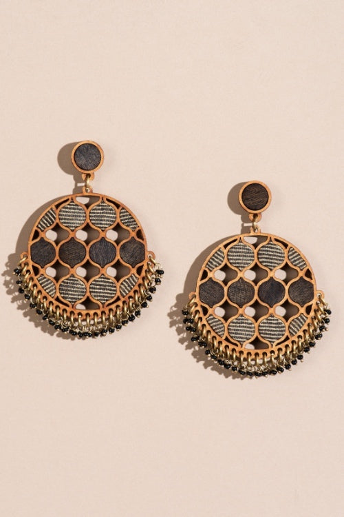 Whe Black Festive Round Upcycled Fabric & Repurposed Wood Earrings