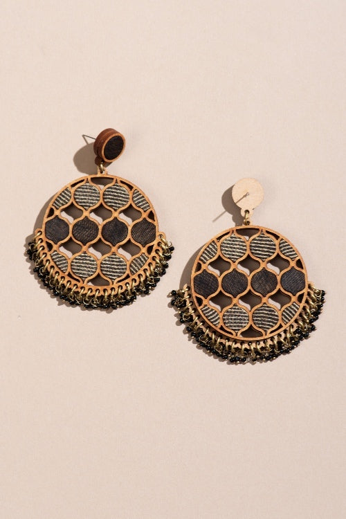 Whe Black Festive Round Upcycled Fabric & Repurposed Wood Earrings