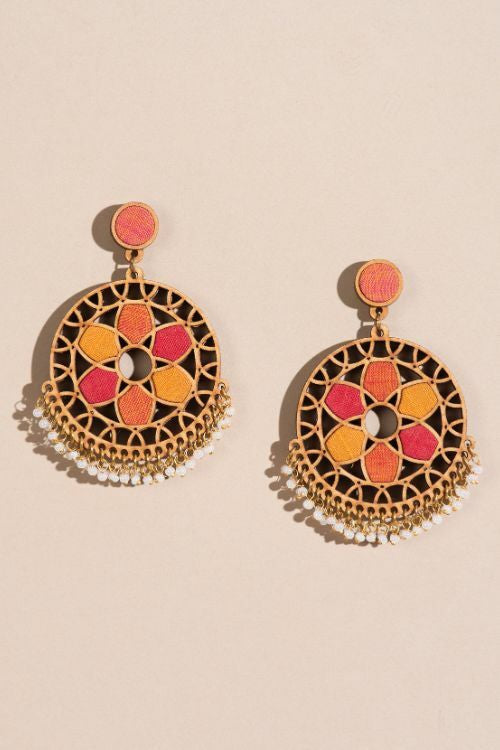 Whe Red And Orange Festive Wheel Upcycled Fabric And Repurposed Wood Earrings