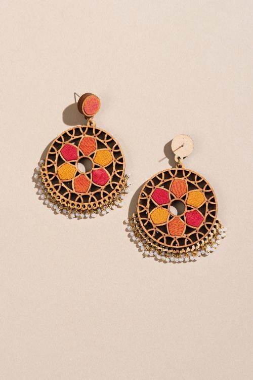 Whe Red And Orange Festive Wheel Upcycled Fabric And Repurposed Wood Earrings