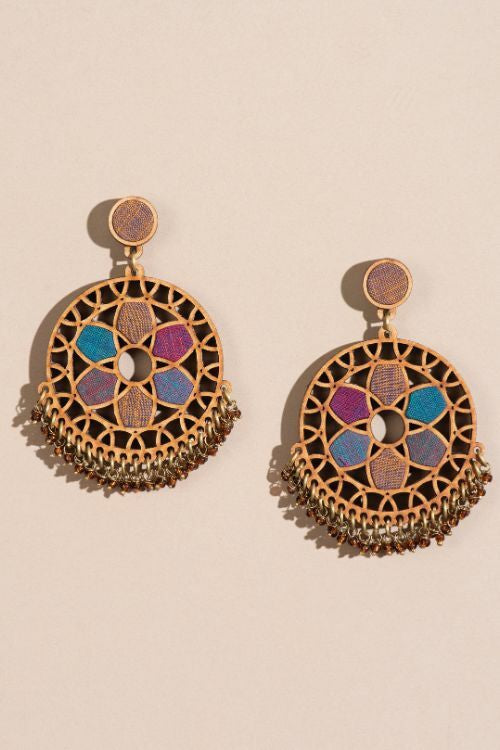 Whe Violet Wheel Upcycled Fabric And Repurposed Wood Earrings