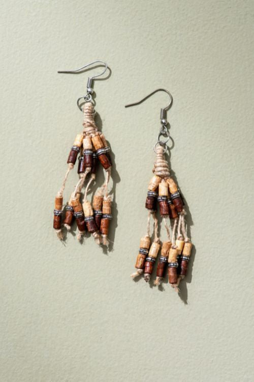 WHE Multilayer Jute, Wooden Beads Earrings