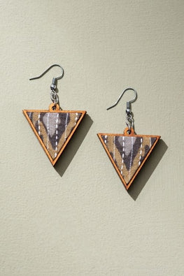 Whe Brown Upcycled Fabric And Repurposed Wood Triangular Earrings