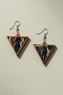 Whe Green Upcycled Fabric And Repurposed Wood Triangular Earrings