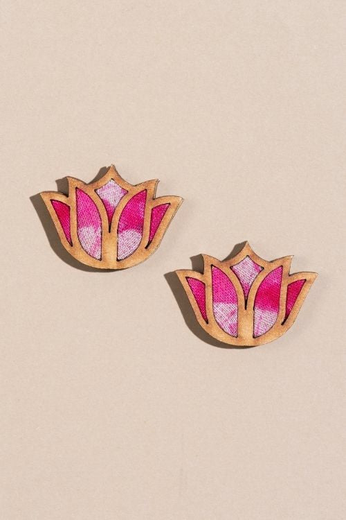 Whe Shades Of Pink Bloom Lotus Upcycled Fabric And Repurposed Wood Earrings