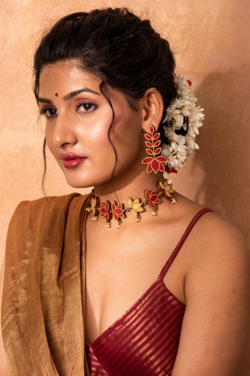 Whe Red Festive Leaf Motif Upcycled Fabric & Repurposed Wood Earrings