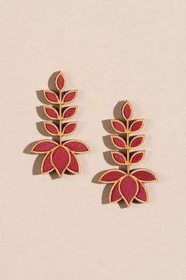 Whe Red Festive Leaf Motif Upcycled Fabric & Repurposed Wood Earrings