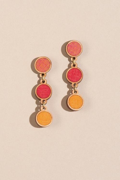 Whe Red Orange Festive Upcycled Fabric And Repurposed Wood Round Earring