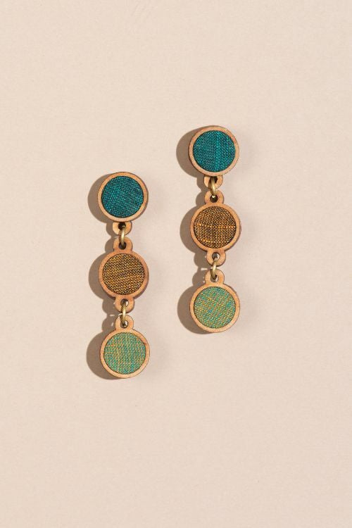 Whe Green Brown Upcycled Fabric And Repurposed Wood Round Earring
