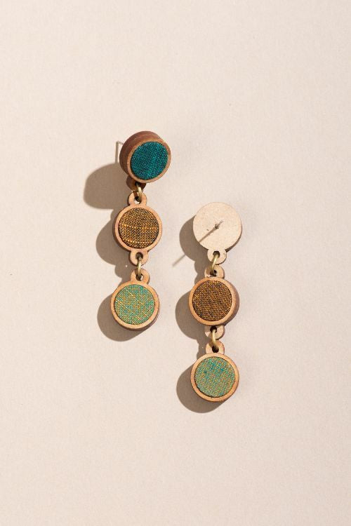 Whe Green Brown Upcycled Fabric And Repurposed Wood Round Earring