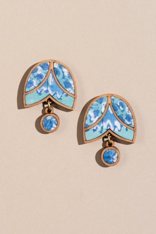 Whe Shades Of Blue Bloom Upcycled Fabric And Repurposed Wood Stud Earrings