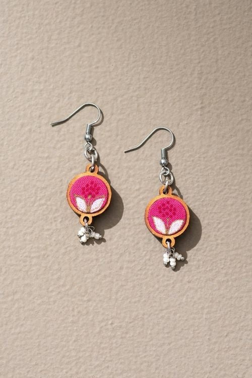 Whe Pink Upcycled Fabric And Repurposed Wood Flower Earrings