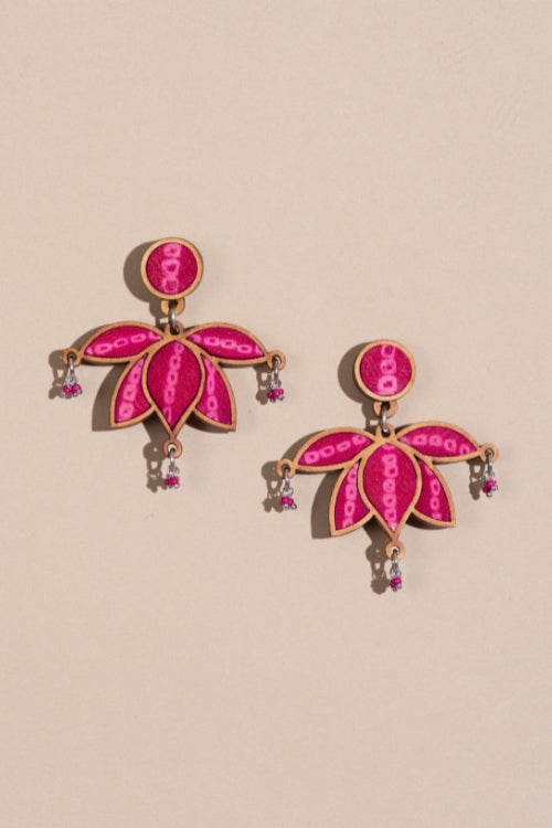 Whe Pink Pure Georgette Bandhani Upcycled Fabric & Repurposed Wood Statement Lotus Earrings