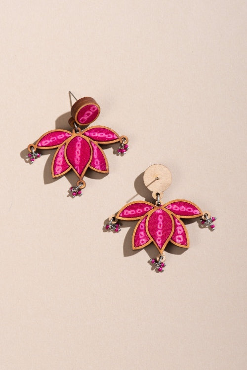 Whe Pink Pure Georgette Bandhani Upcycled Fabric & Repurposed Wood Statement Lotus Earrings