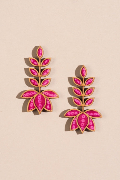 Whe Pink Pure Georgette Bandhani Upcycled Fabric & Repurposed Wood Lotus Earrings
