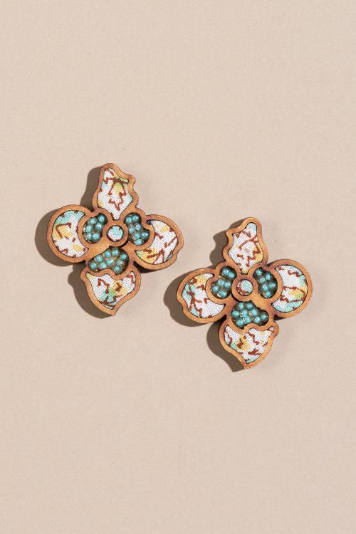 Whe Turquoise White Upcycled Fabric And Repurposed Wood Flower Stud Earrings
