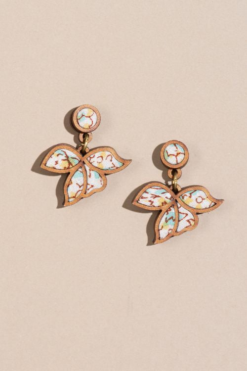 Whe Turquoise White Bloom Upcycled Fabric And Repurposed Wood Leaf Earring