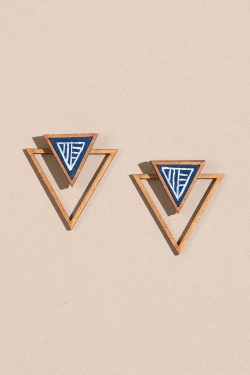 Whe Hand Painted Blue Two Look In One Upcycled Fabric And Repurposed Wood Triangle Earring