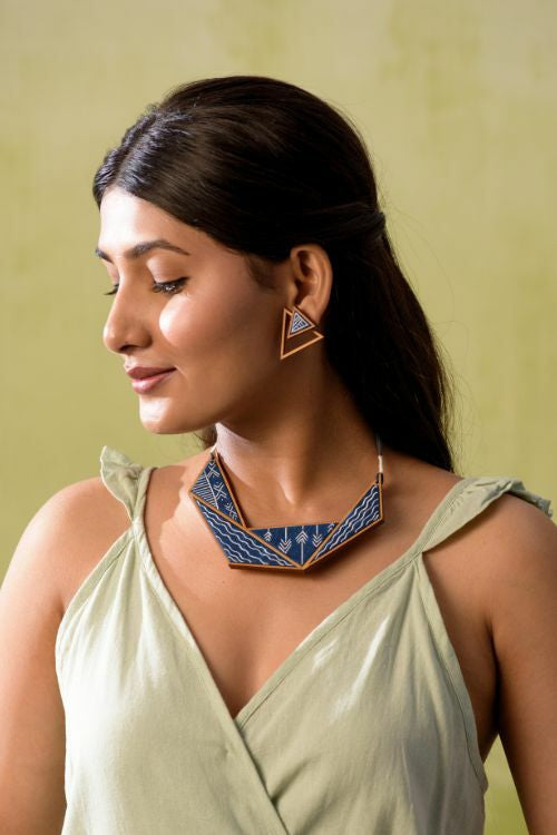 Whe Hand Painted Blue Two Look In One Upcycled Fabric And Repurposed Wood Triangle Earring