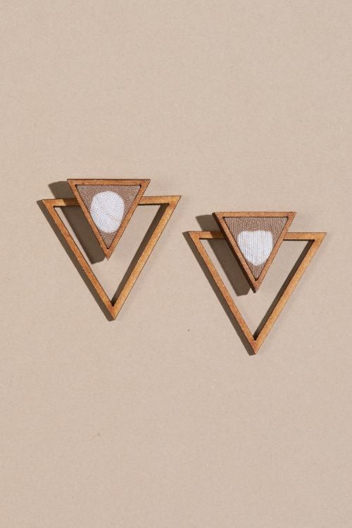 Whe Beige Two Look In One Upcycled Fabric And Repurposed Wood Triangle Earring