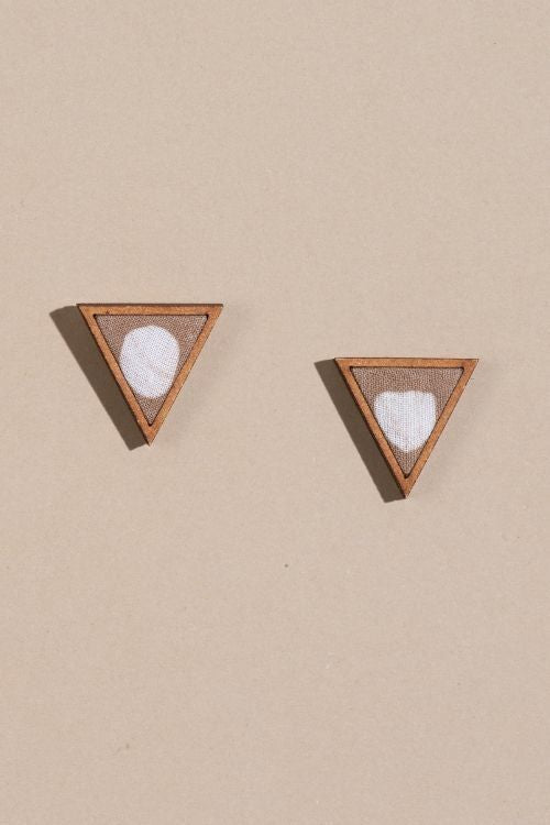 Whe Beige Two Look In One Upcycled Fabric And Repurposed Wood Triangle Earring
