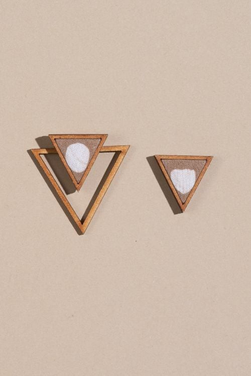 Whe Beige Two Look In One Upcycled Fabric And Repurposed Wood Triangle Earring