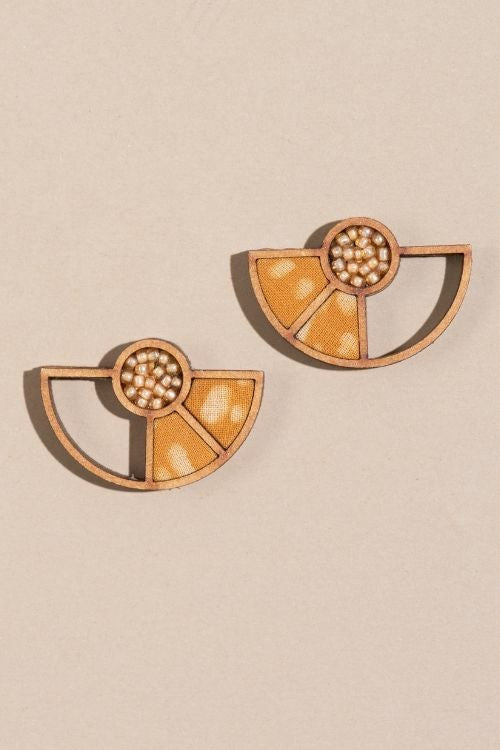Whe Yellow Geometrical Upcycled Fabric And Repurposed Wood Earring