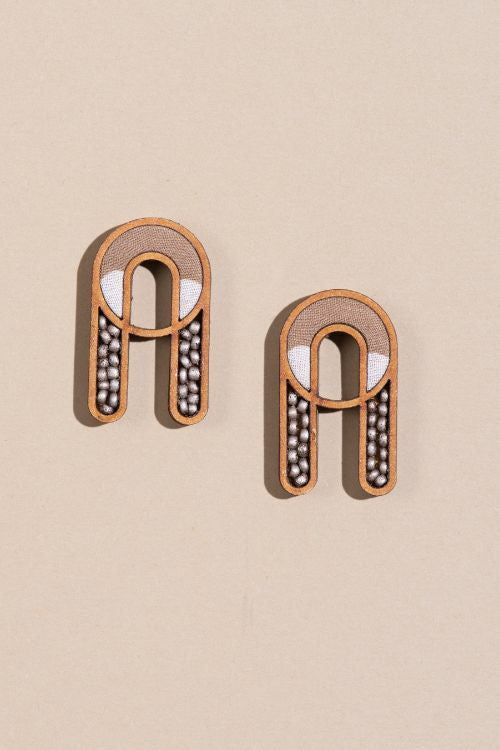 WHE Beige Upcycled Fabric And Repurposed Wood Earring With Glass Beads