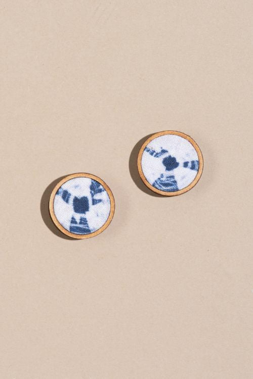 Whe Handmade Blue Tie And Dye Upcycled Fabric And Repurposed Wood Stud Earrings