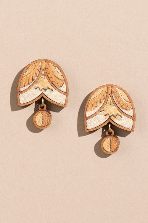 Whe Yellow Brown Bloom Upcycled Fabric And Repurposed Wood Stud Earrings