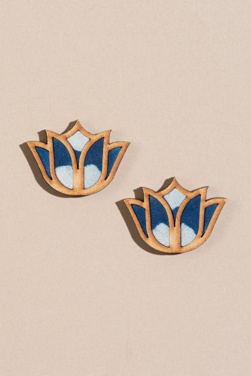 Whe Indigo Bloom Lotus Upcycled Fabric And Repurposed Wood Earrings