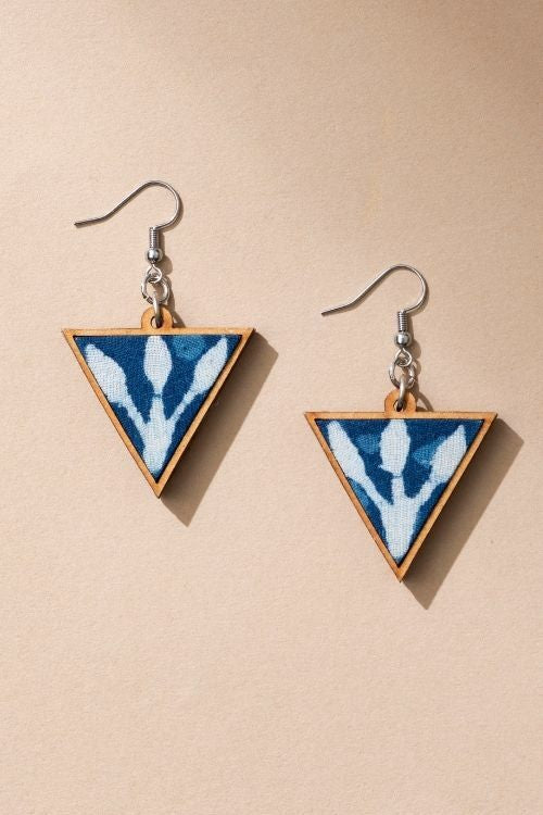 Whe Indigo Upcycled Fabric And Repurposed Wood Triangular Earrings