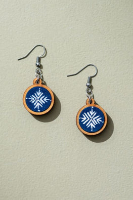 Whe Hand Painted Blue And White Upcycled Fabric Wooden Earrings