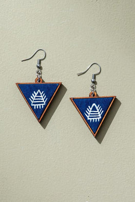 Whe Hand Painted Blue Upcycled Fabric And Repurposed Wood Triangular Earrings