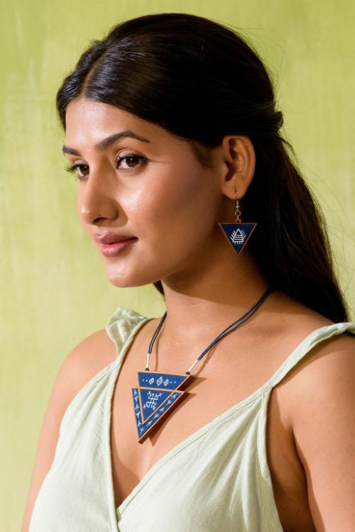 Whe Hand Painted Blue Upcycled Fabric And Repurposed Wood Triangular Earrings