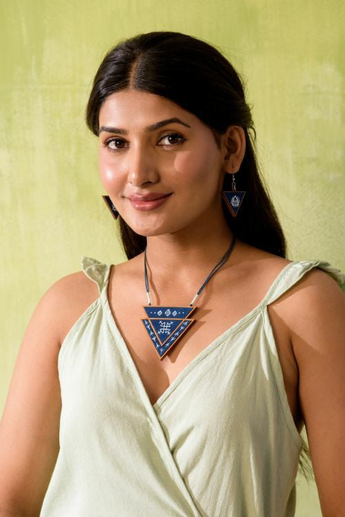 Whe Hand Painted Blue Upcycled Fabric And Repurposed Wood Triangular Earrings