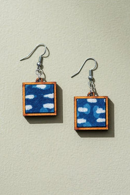 Whe Indigo Upcycled Fabric And Repurposed Wood Square Earrings